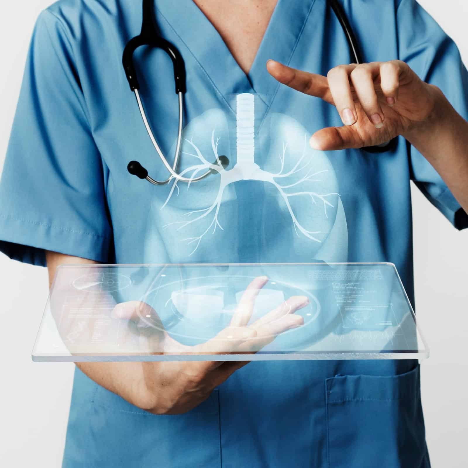 Human with lung displayed